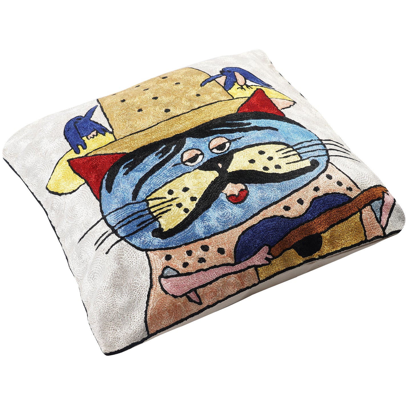 Hand Embroidered Cushion Cover - Cat