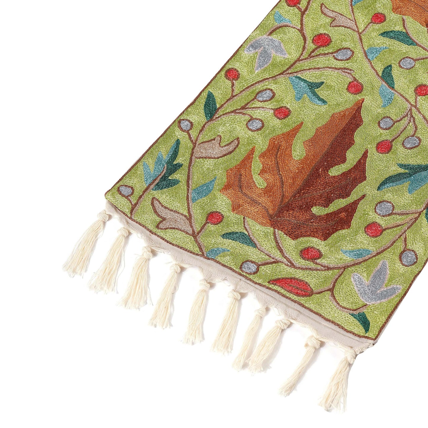 FnW Hand Embroidered Table Runner - Leaves Hand Embroidered Silk Thread Table Runner Artisanal Dining Luxury feathernweave FnW