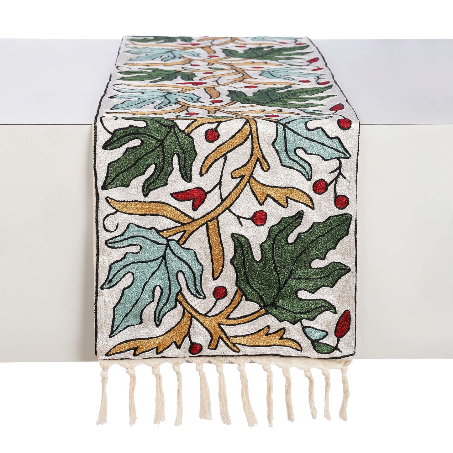FnW Virelle Table Runner Hand Embroidered Silk Thread Table Runner Artisanal Dining Luxury feathernweave FnW
