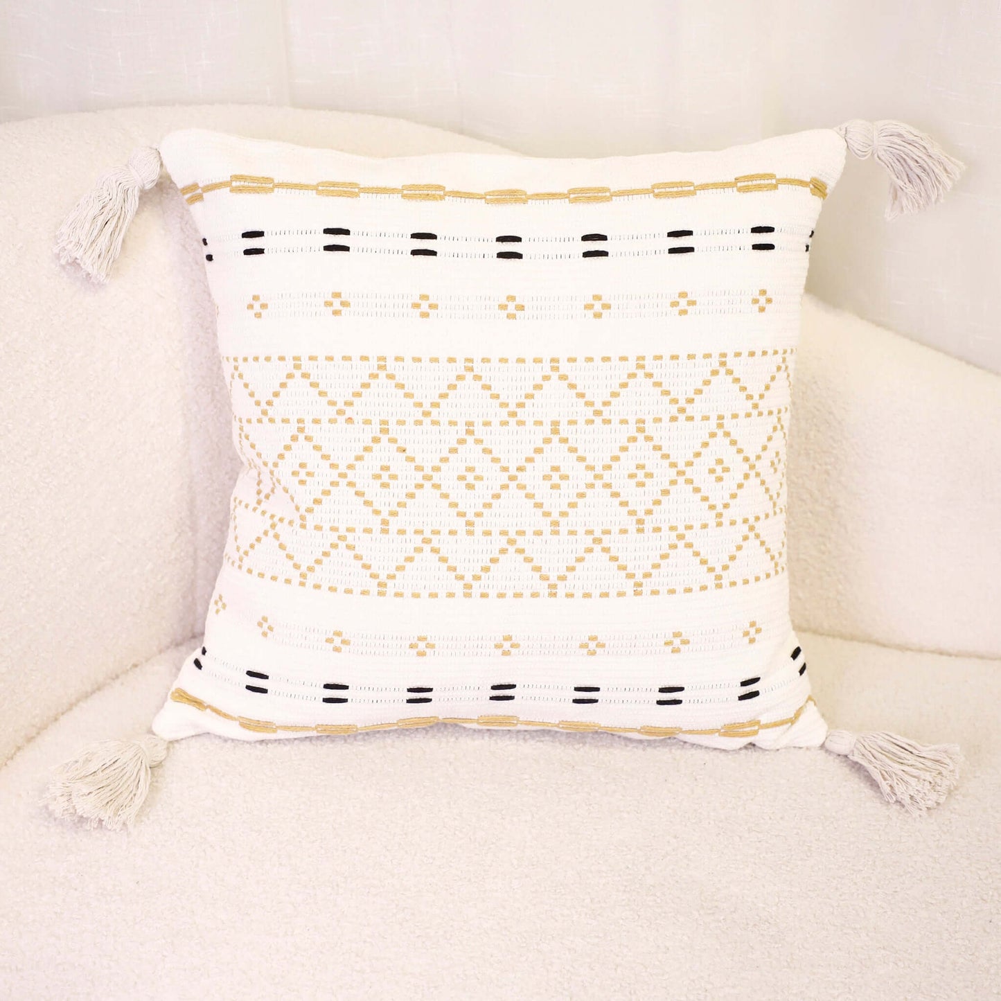 FnW Bohoasis Cushion Cover Yellow Machine Embroidered Cushion Cover Intricate Precision Design feathernweave FnW