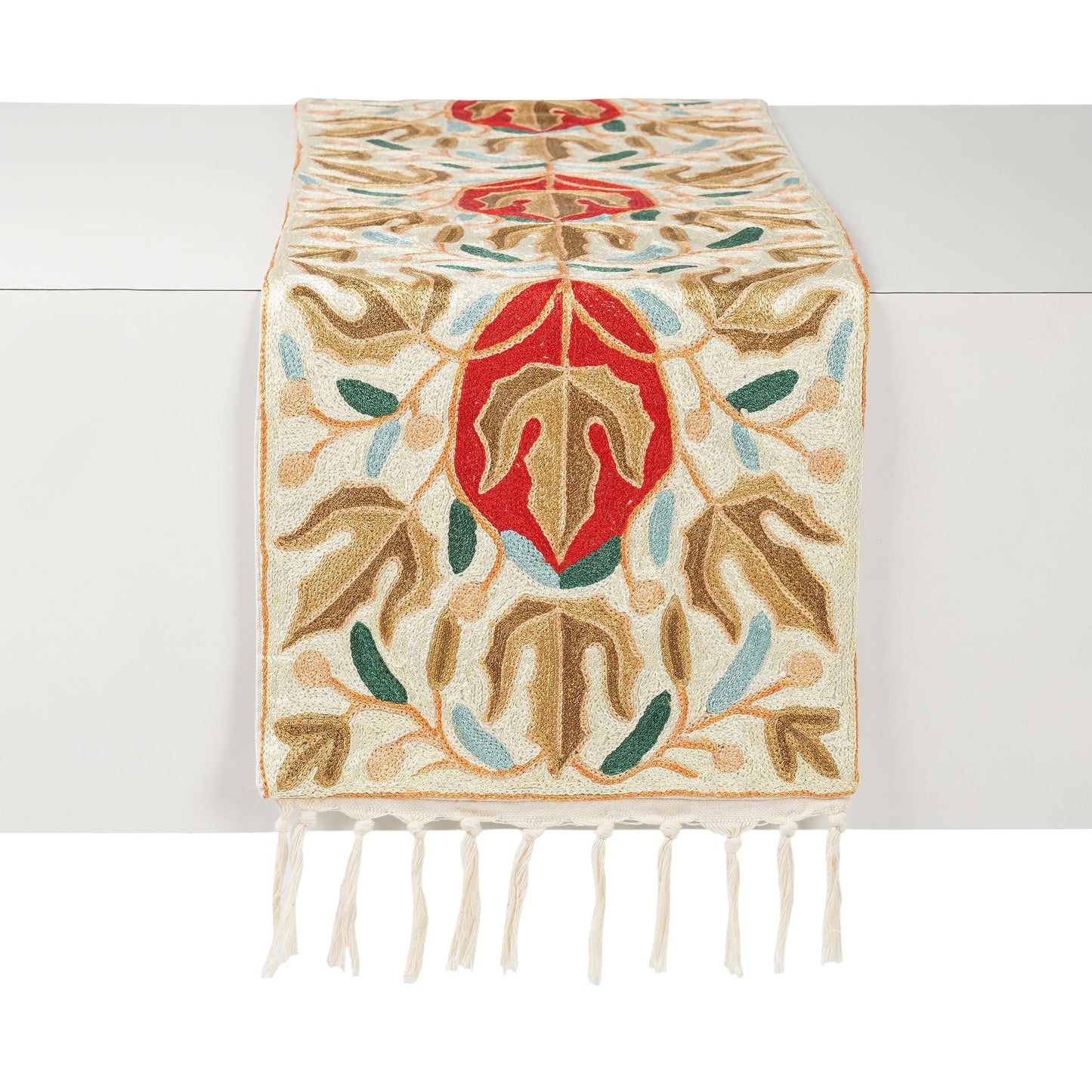 FnW Lilavé Botanical Table Runner Hand Embroidered Silk Thread Table Runner Artisanal Dining Luxury feathernweave FnW