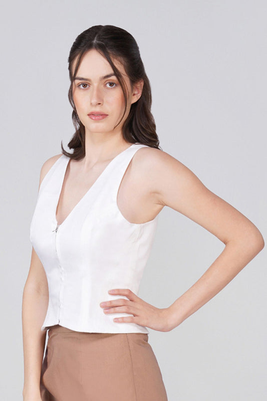 In-House Designed Zivra Vest White Signature Structured Cotton Denim feathernweave FnW