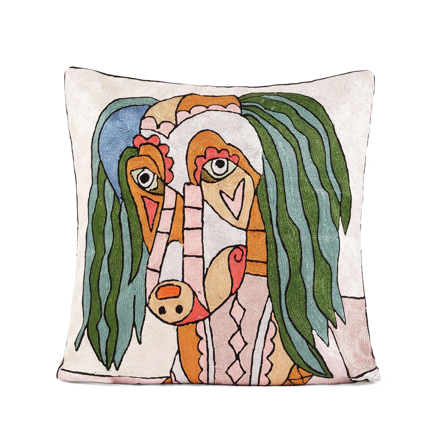 FnW Fauros Forest Guardian Cushion Cover Hand Embroidered Silk Thread Cushion Cover Artisanal Textural Artistry feathernweave FnW