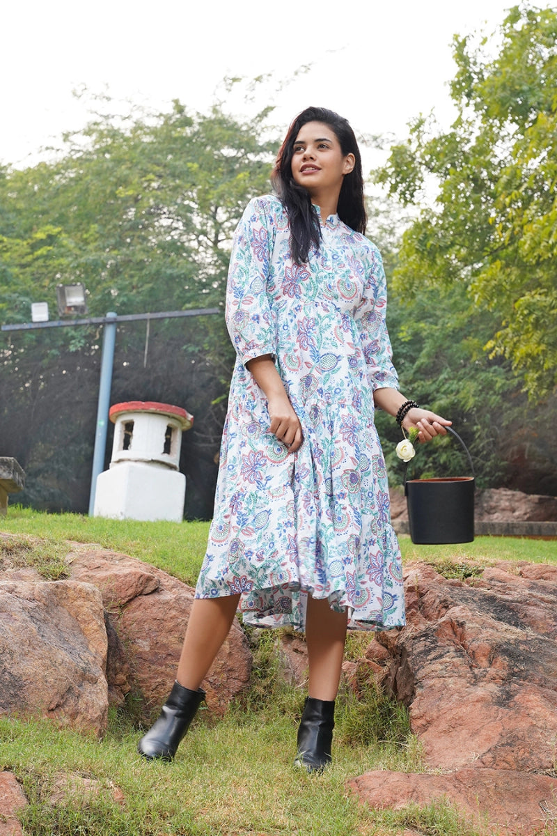 Tiered midi dress for women – hand-printed floral