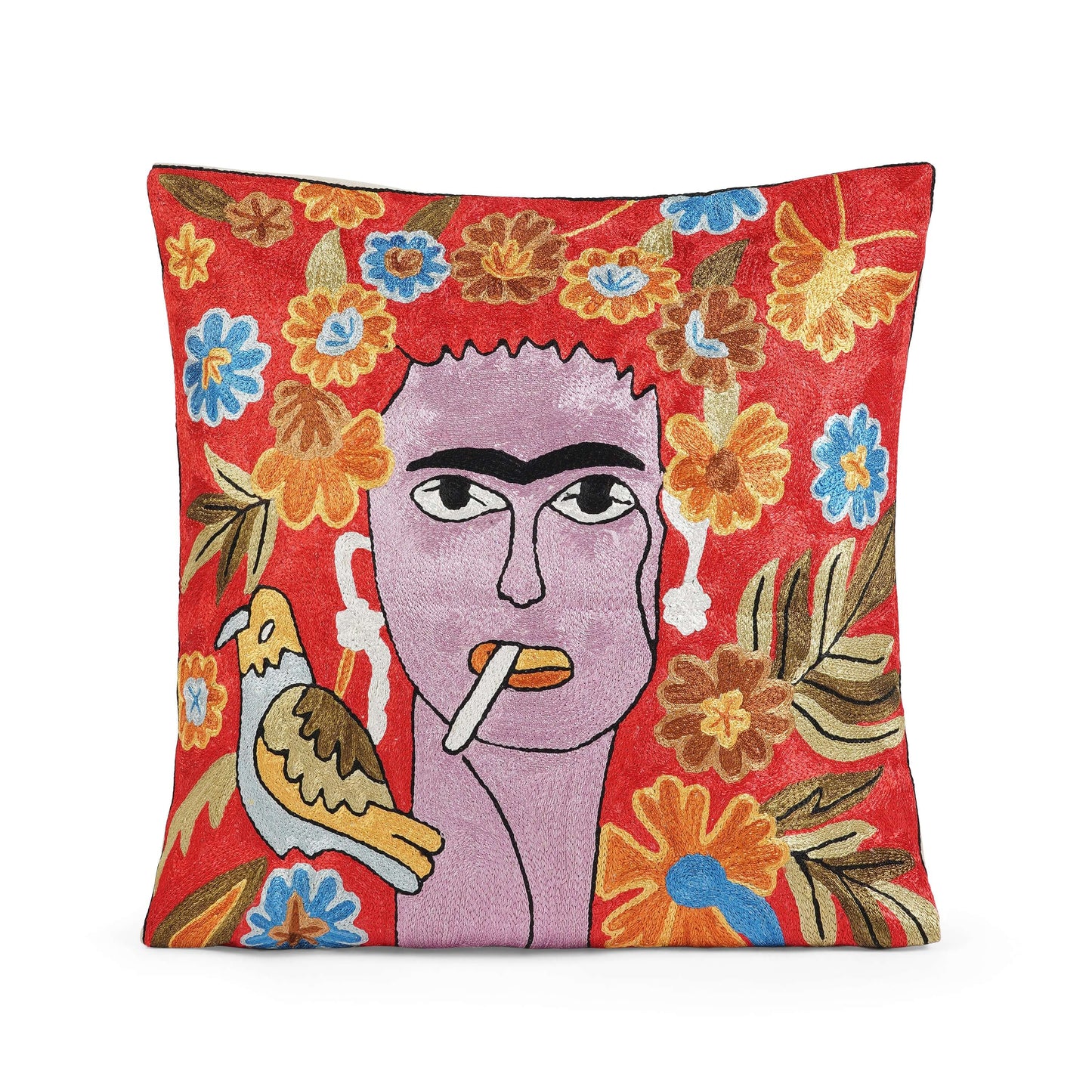 FnW Wild Bloom Abstract Cushion Cover Hand Embroidered Silk Thread Cushion Cover Artisanal Textural Artistry feathernweave FnW