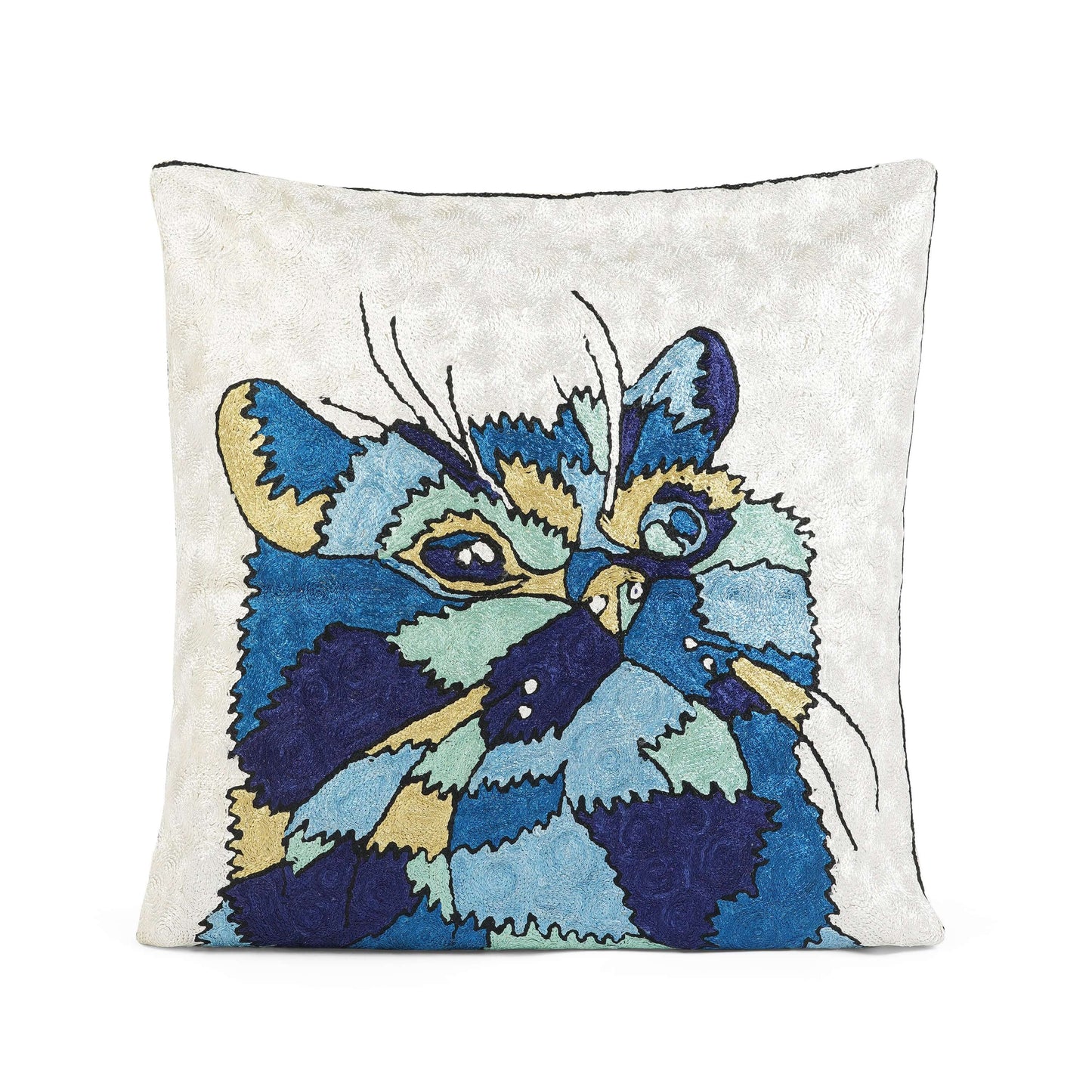 FnW IndigoCat Artistic Cushion Cover Hand Embroidered Silk Thread Cushion Cover Artisanal Textural Artistry feathernweave FnW