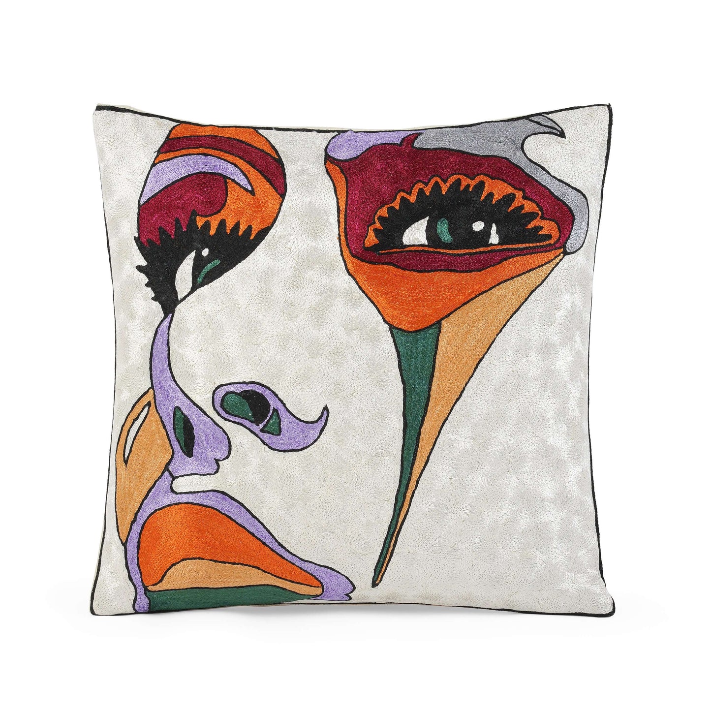 FnW Dreamora Surrealist Art Cushion Cover Hand Embroidered Silk Thread Cushion Cover Artisanal Textural Artistry feathernweave FnW