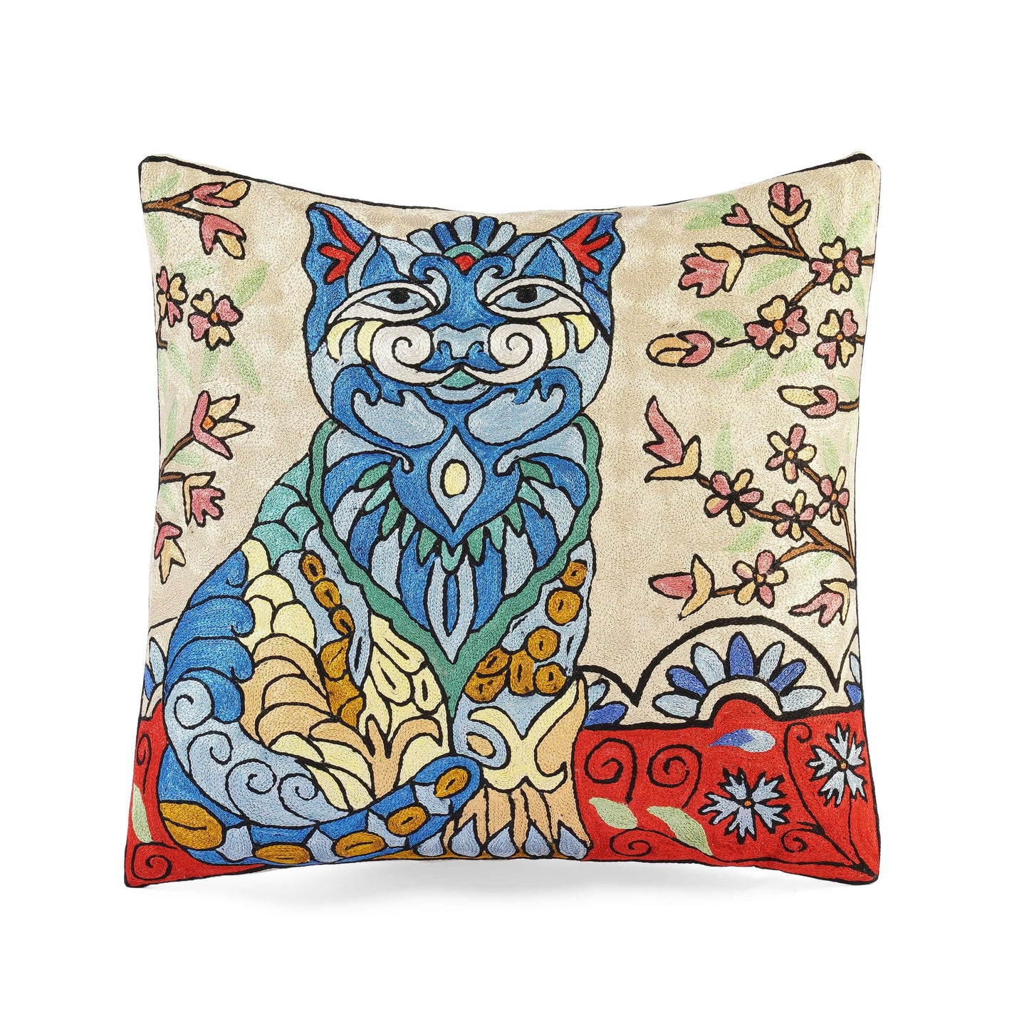 FnW Sakurae Cat Art Cushion Cover Hand Embroidered Silk Thread Cushion Cover Artisanal Textural Artistry feathernweave FnW