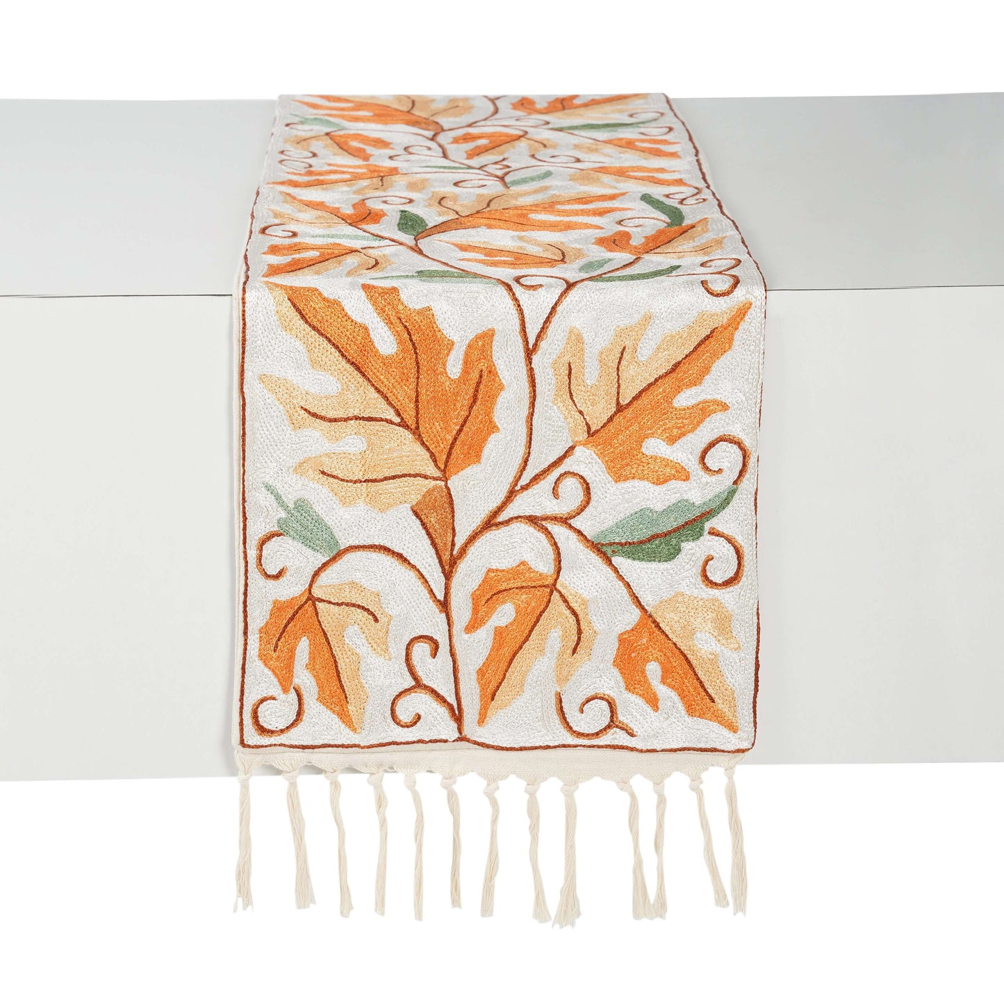 FnW Fleur de Vigne Table Runner Hand Embroidered Silk Thread Table Runner Artisanal Dining Luxury feathernweave FnW