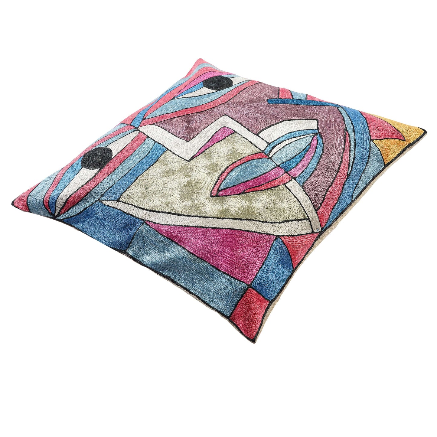 FnW Artistic Picasso Hand Embroidered Cushion Cover Hand Embroidered Silk Thread Cushion Cover Artisanal Textural Artistry feathernweave FnW