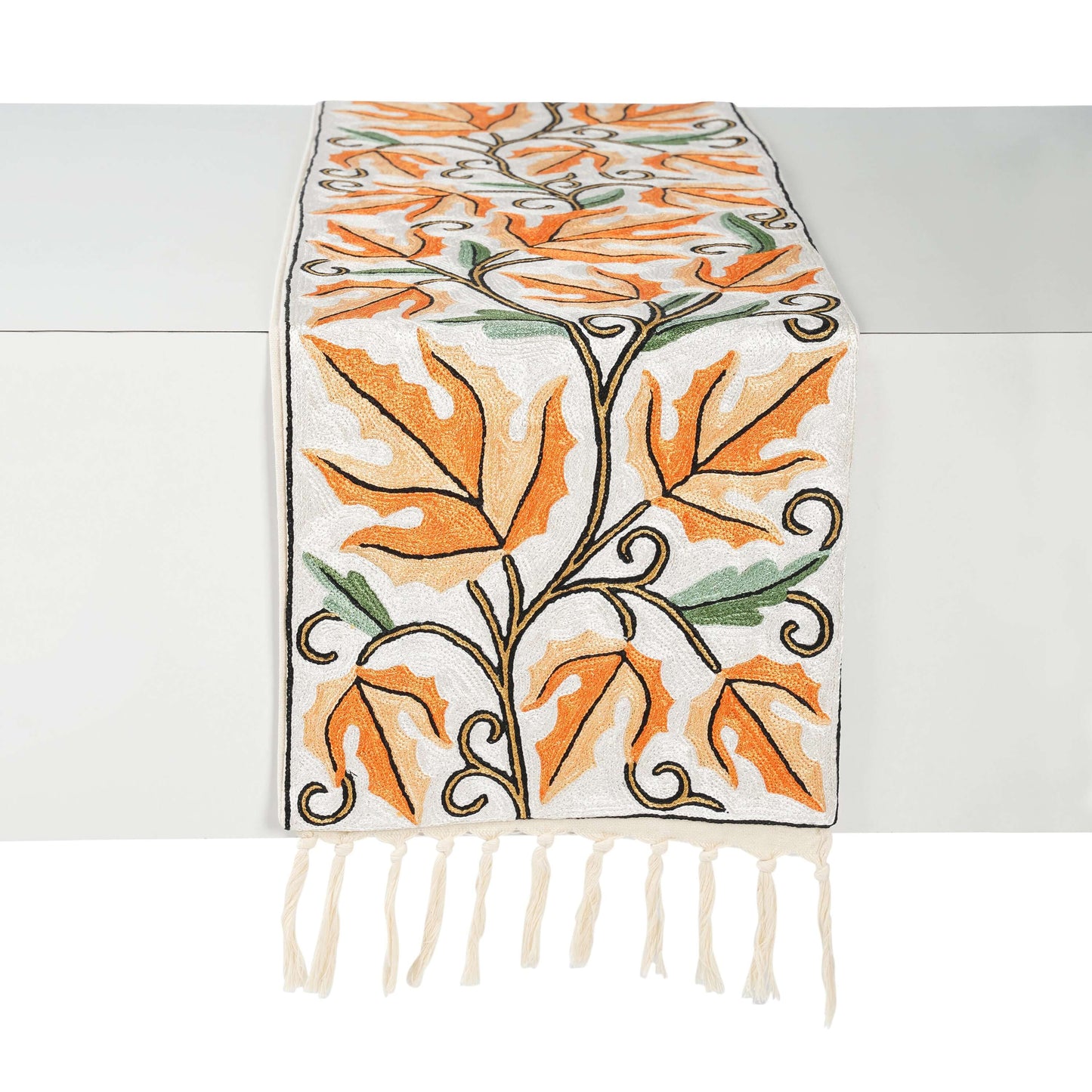 FnW Clivarae Autumn Leaf Table Runner Hand Embroidered Silk Thread Table Runner Artisanal Dining Luxury feathernweave FnW