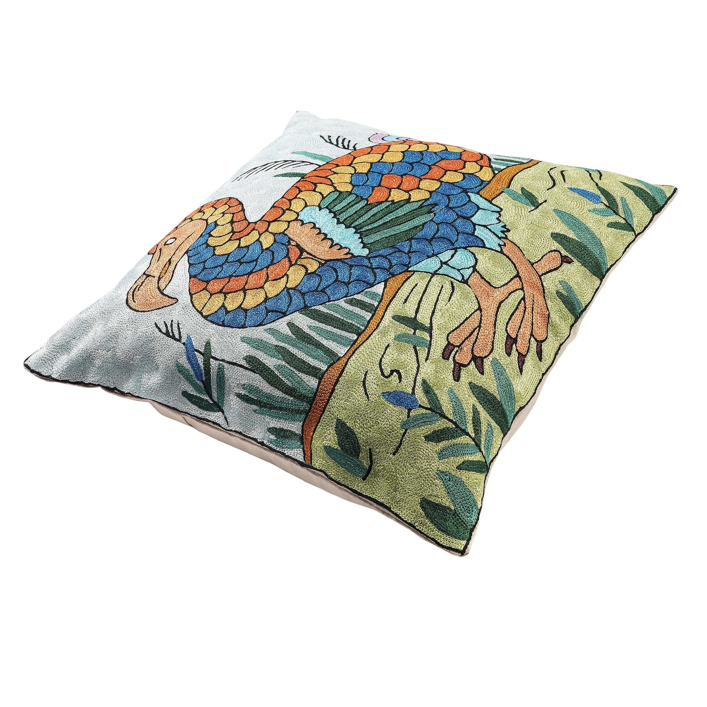 FnW Hand Embroidered Cushion Cover - Bird Hand Embroidered Silk Thread Cushion Cover Artisanal Textural Artistry feathernweave FnW