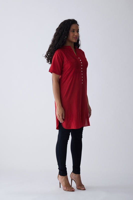 Kali Cotton Half Sleeve Top - Red