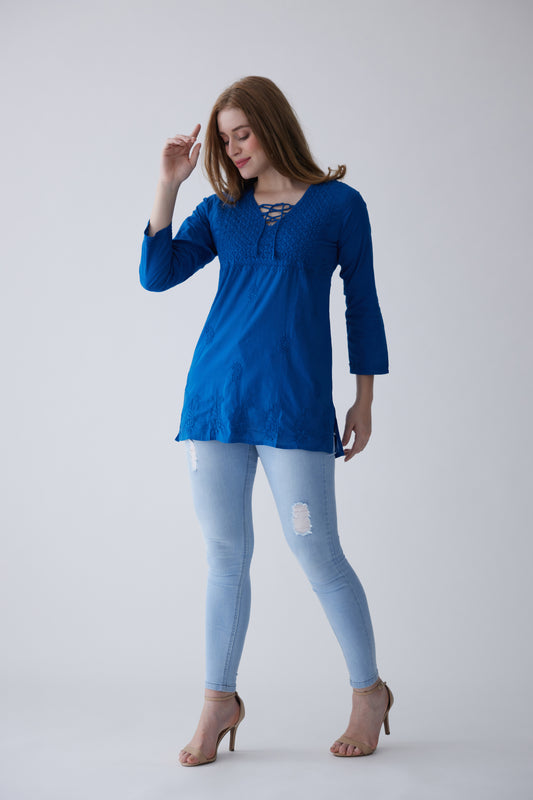 Kara Cotton Full Sleeves Top - Blue