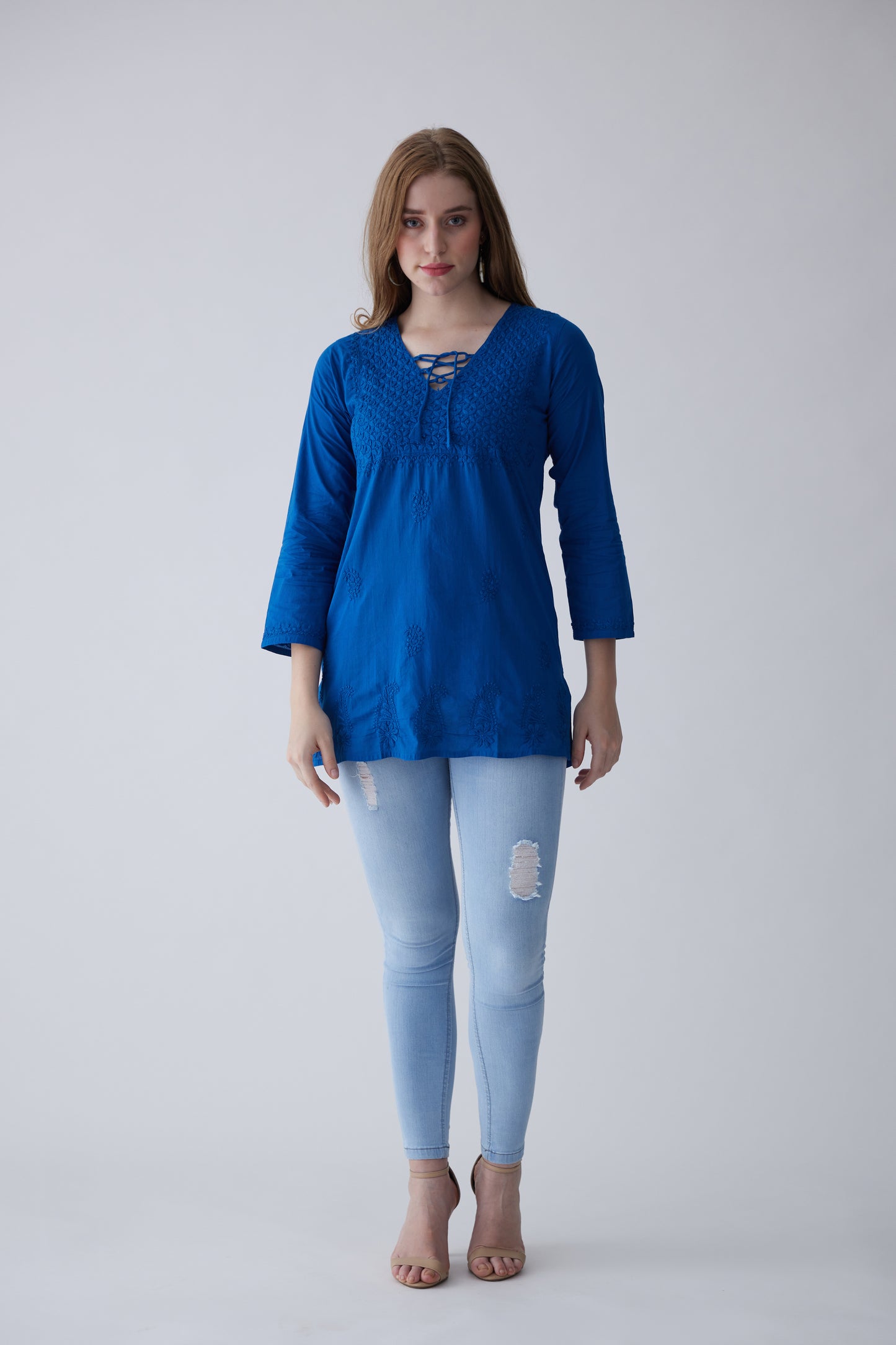 Kara Cotton Full Sleeves Top - Blue