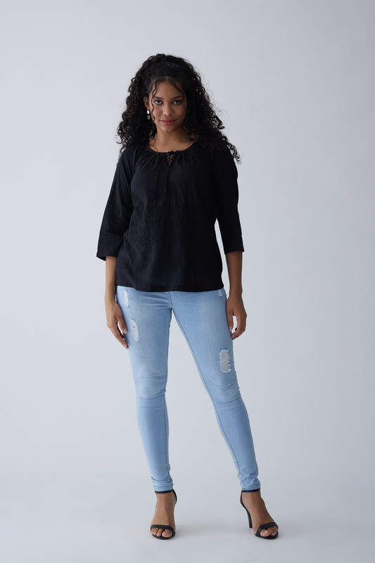 Alia Cotton Full Sleeves Top - Black