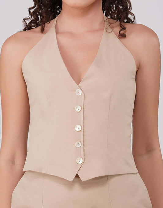 Premium Italian Cotton Fabric Detail Cocoa Crest Top Beige Boutique Quality feathernweave FnW