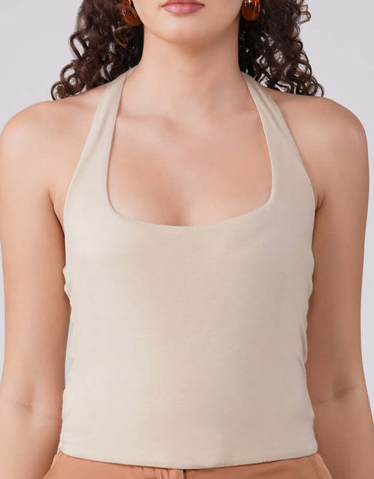 Boutique Halter Neck Detail Essential Top Beige Premium Cotton Jersey feathernweave FnW