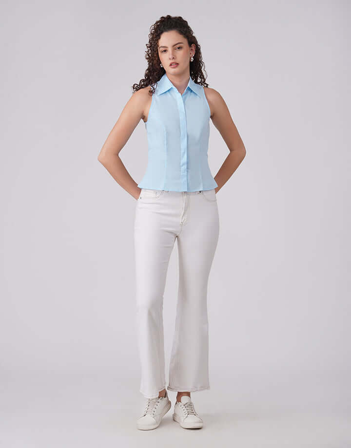 Elevated Blue Italian Cotton Shirt Sculpt Collection Refined Casual Silhouette feathernweave