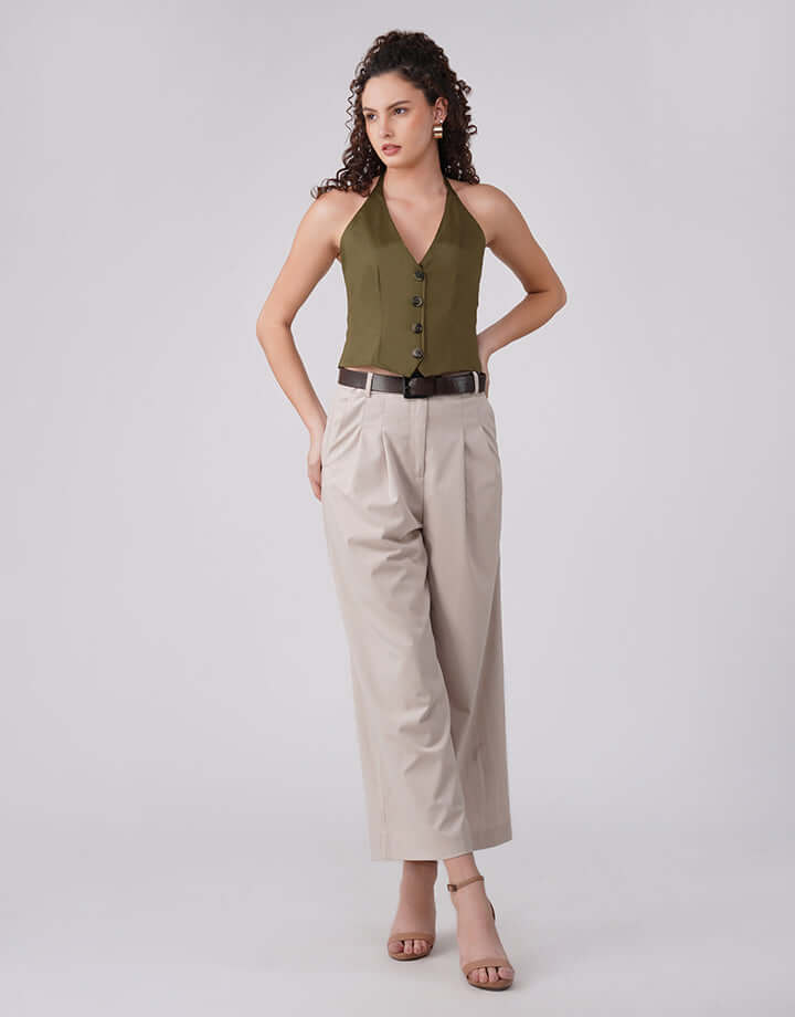 Modern Sculpted Waistcoat Look Olivia Crest Top Olive Green Halter feathernweave FnW