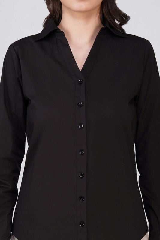 Detailed Black Supima Cotton Weave Viona Shirt Sustainable Luxury Fabrication feathernweave FnW