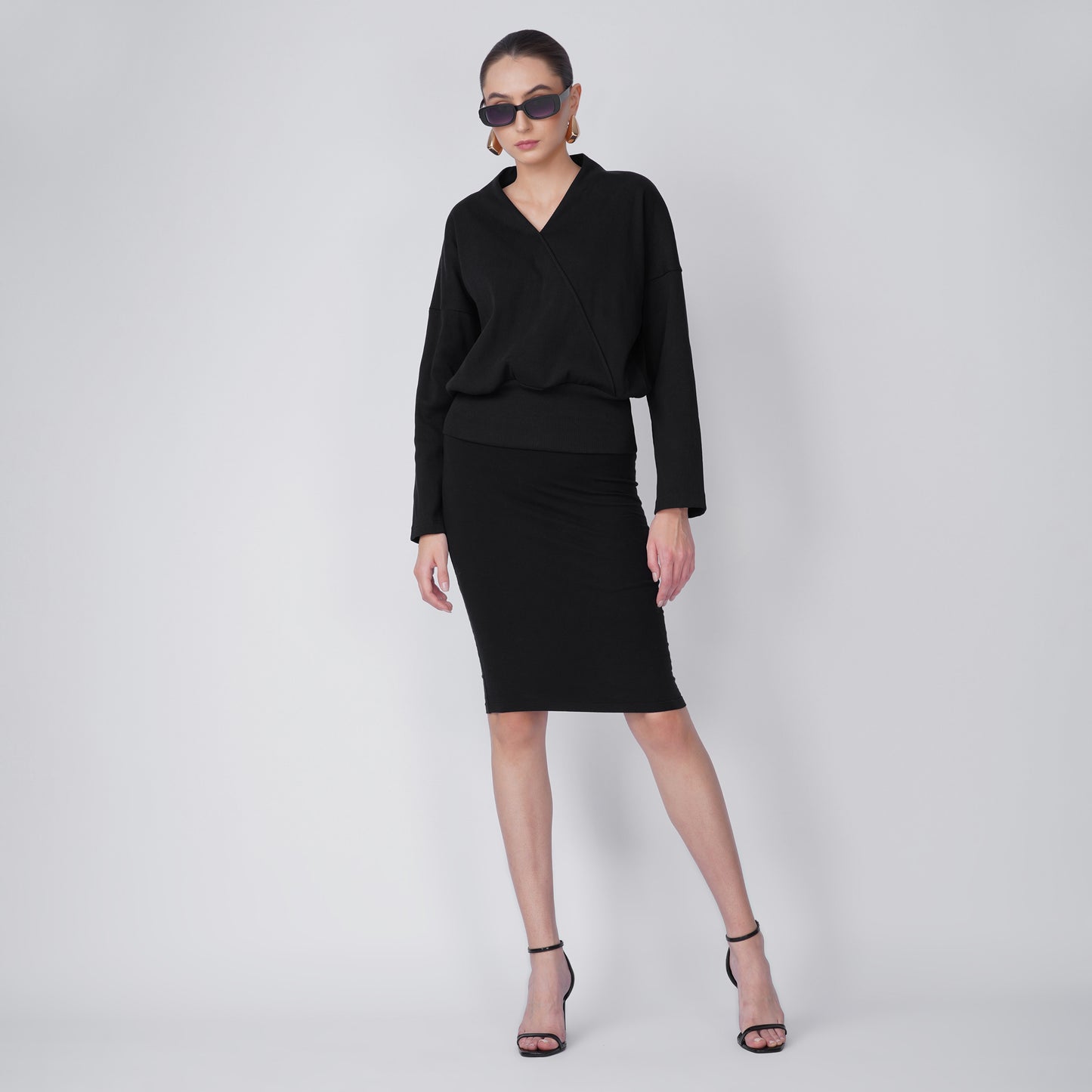Onyx Wrap-Front Ribbed Long Sleeve Top - Black