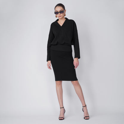 Onyx Wrap-Front Ribbed Long Sleeve Top - Black