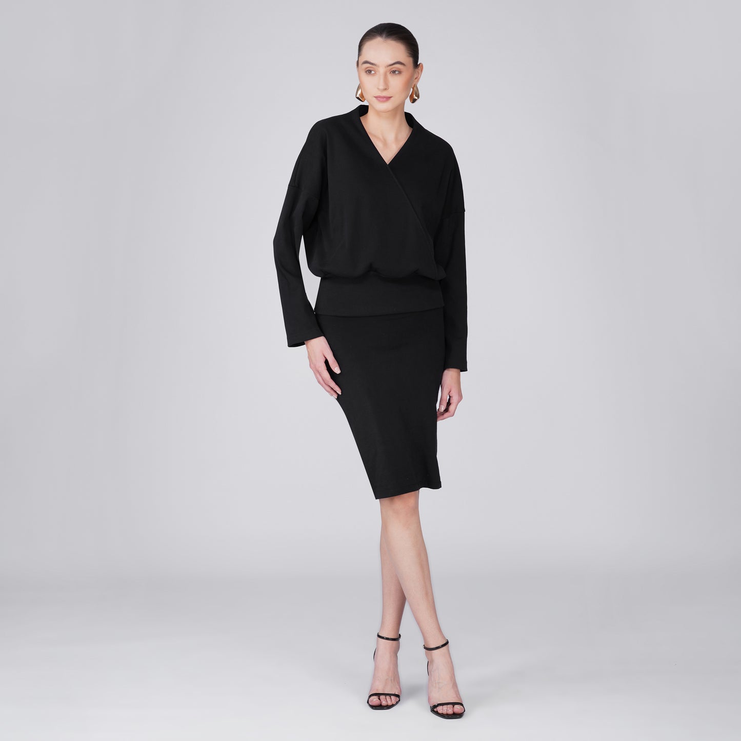 Onyx Wrap-Front Ribbed Long Sleeve Top - Black