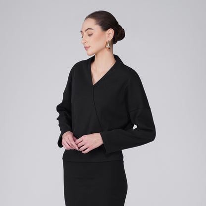 Onyx Wrap-Front Ribbed Long Sleeve Top - Black