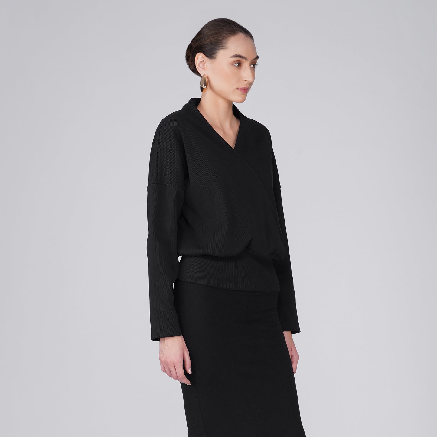 Onyx Wrap-Front Ribbed Long Sleeve Top - Black