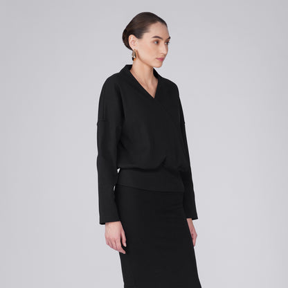 Onyx Wrap-Front Ribbed Long Sleeve Top - Black