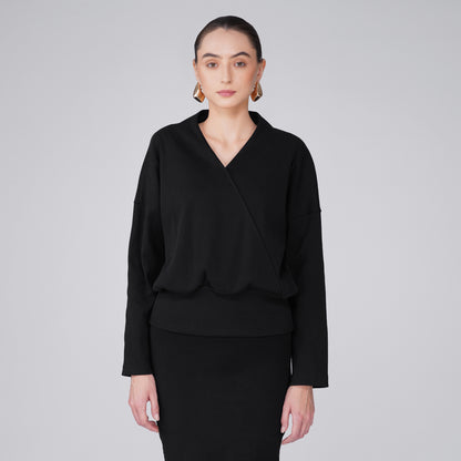 Onyx Wrap-Front Ribbed Long Sleeve Top - Black