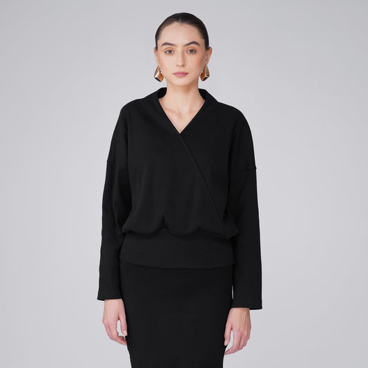Onyx Wrap-Front Ribbed Long Sleeve Top - Black