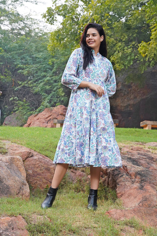 Zinnia floral midi dress with sleeves – front view