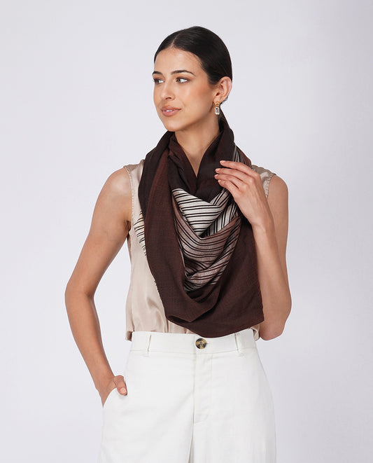 Checks and Stripes Wool Silk Wrap - Brown