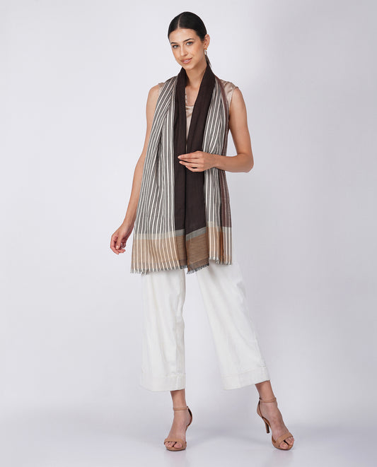 Checks and Stripes Wool Silk Wrap - Brown