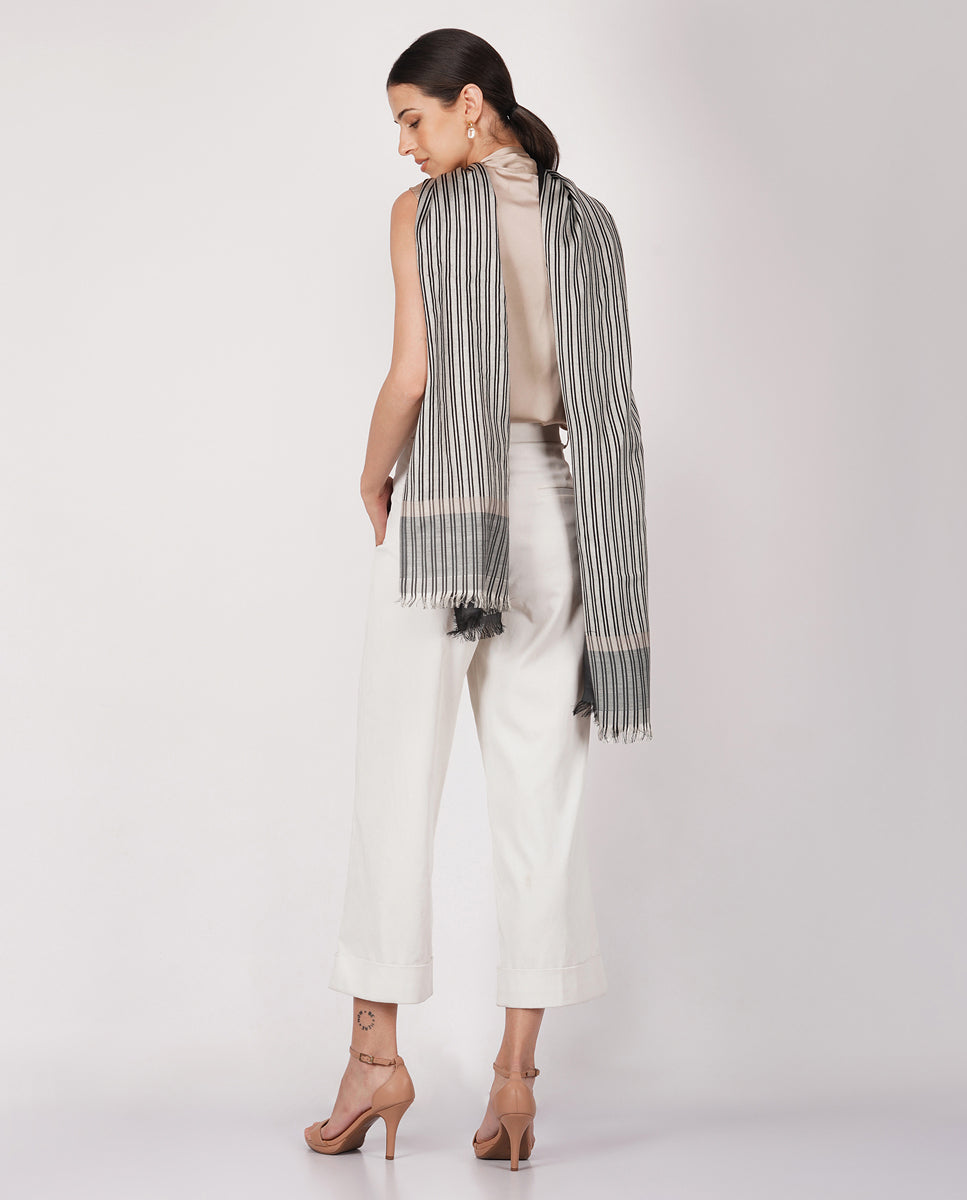 Checks and Stripes Wool Silk Wrap - Black