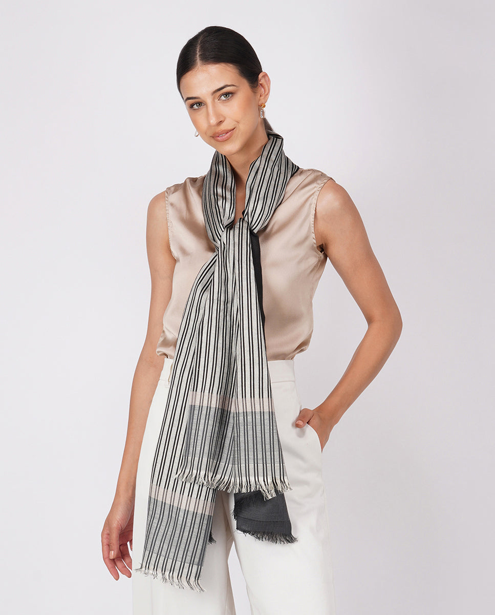 Checks and Stripes Wool Silk Wrap - Black