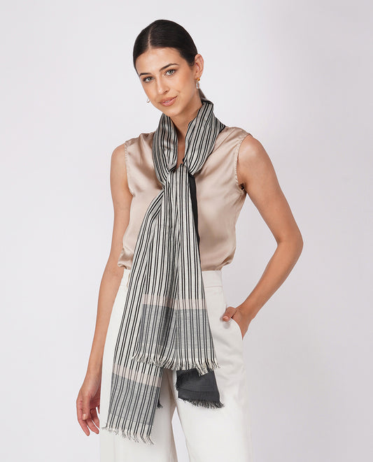 Checks and Stripes Wool Silk Wrap - Black