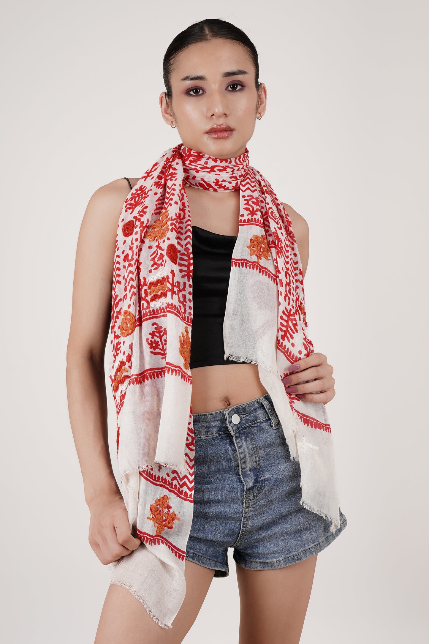 100% Cotton Scarf with Hand Embroidery (White and Red)