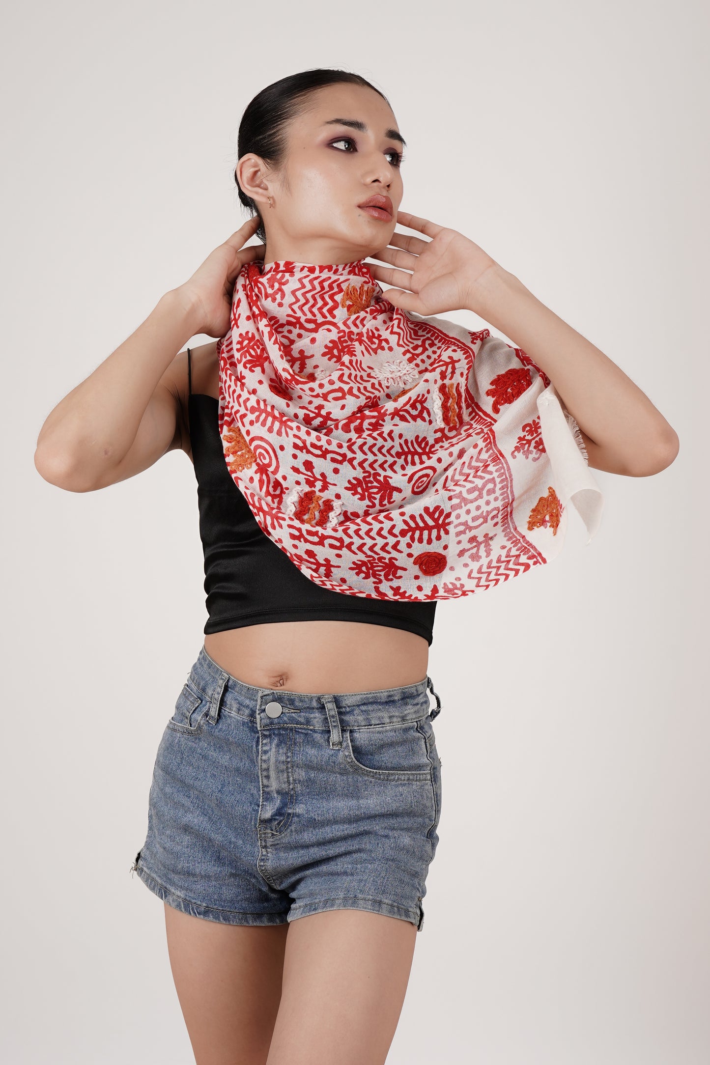 100% Cotton Scarf with Hand Embroidery (White and Red)