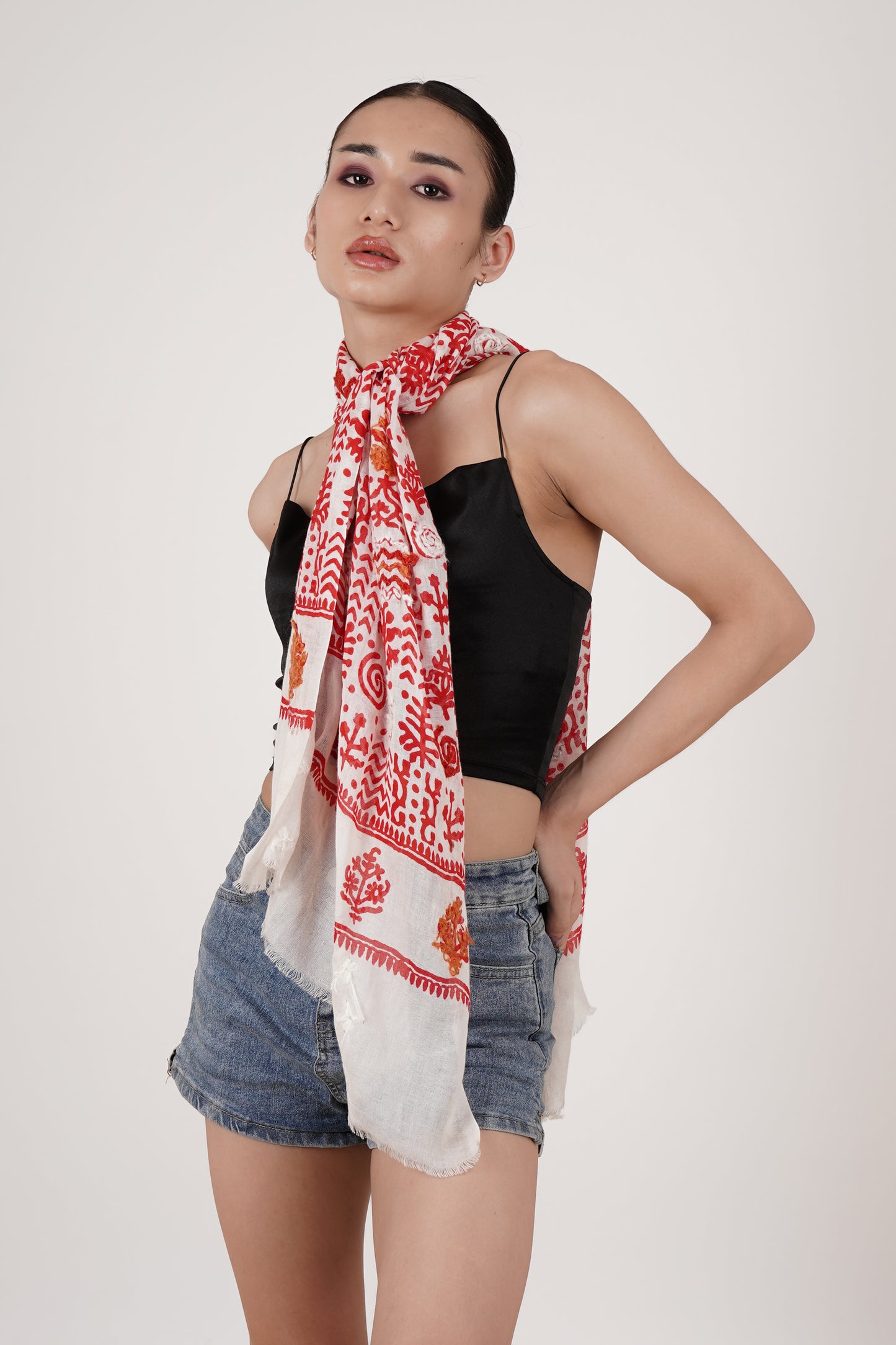 100% Cotton Scarf with Hand Embroidery (White and Red)