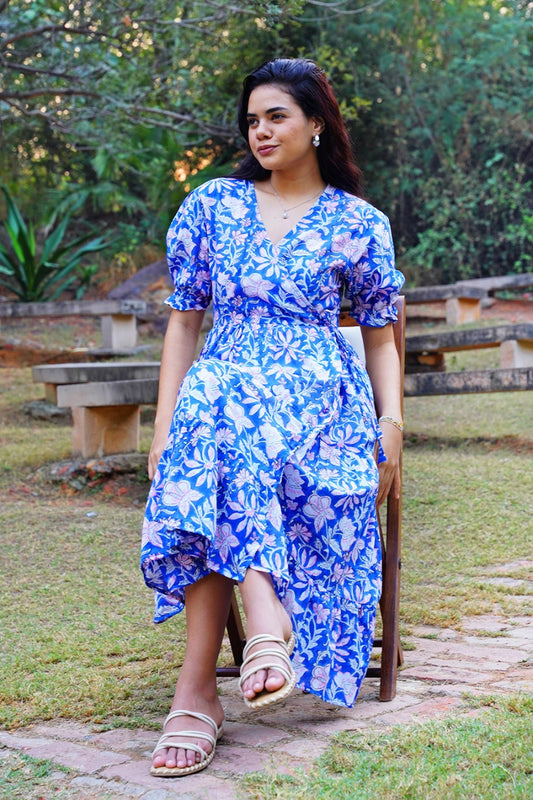 Midnight Bloom wrap dress – front floral view