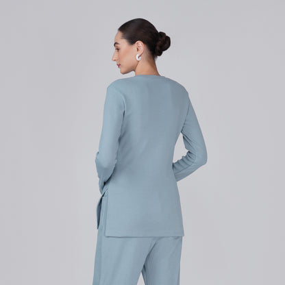 Neige Fitted Ribbed Long Sleeve Top - Muted Blue