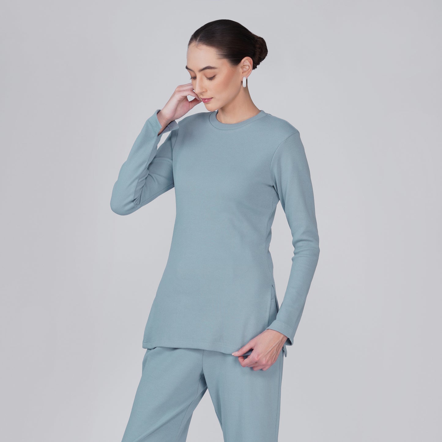 Neige Fitted Ribbed Long Sleeve Top - Muted Blue