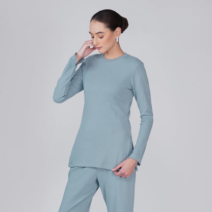 Neige Fitted Ribbed Long Sleeve Top - Muted Blue