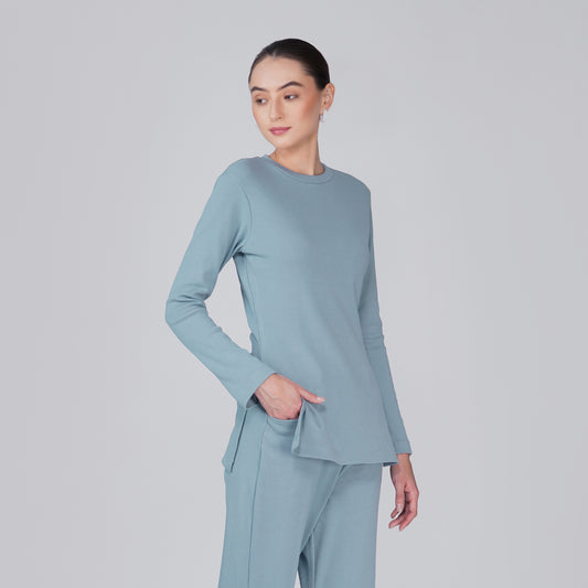 Neige Fitted Ribbed Long Sleeve Top - Muted Blue
