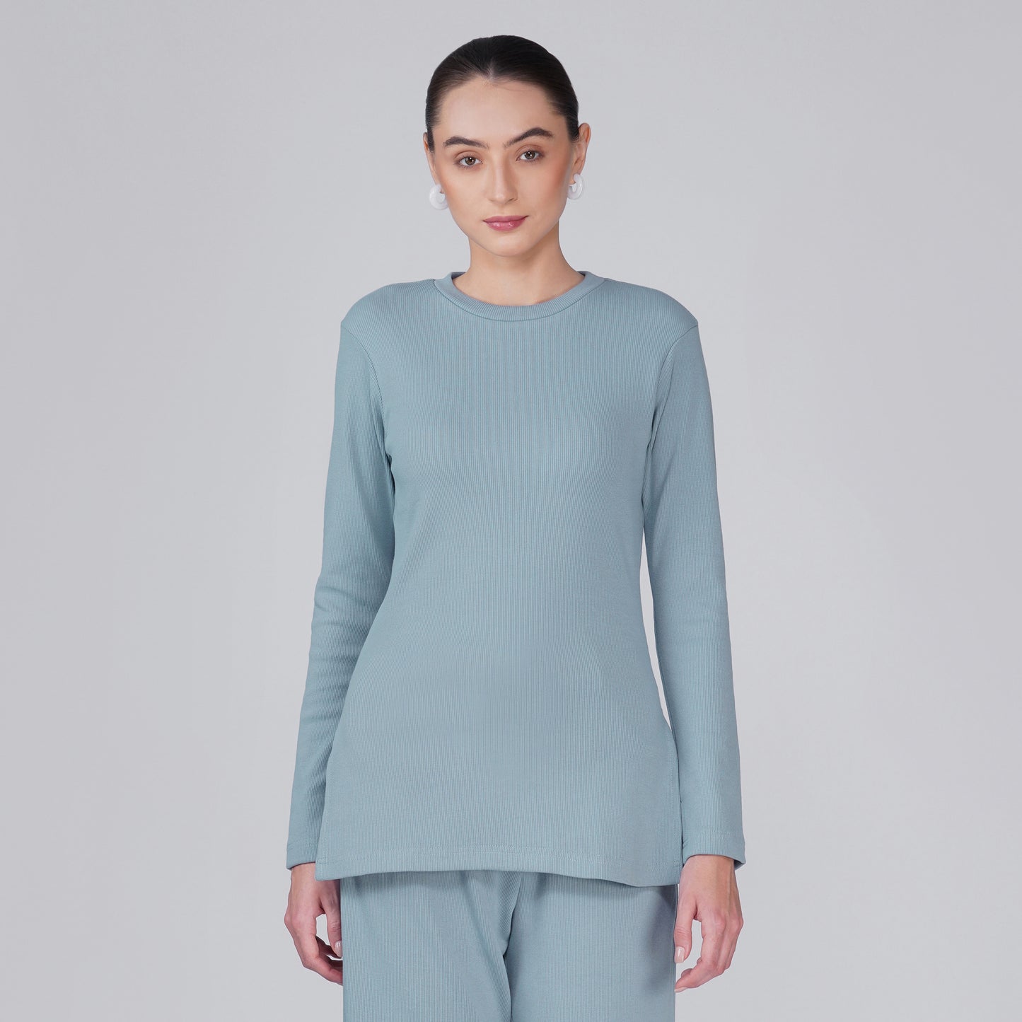 Neige Fitted Ribbed Long Sleeve Top - Muted Blue