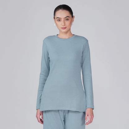 Neige Fitted Ribbed Long Sleeve Top - Muted Blue