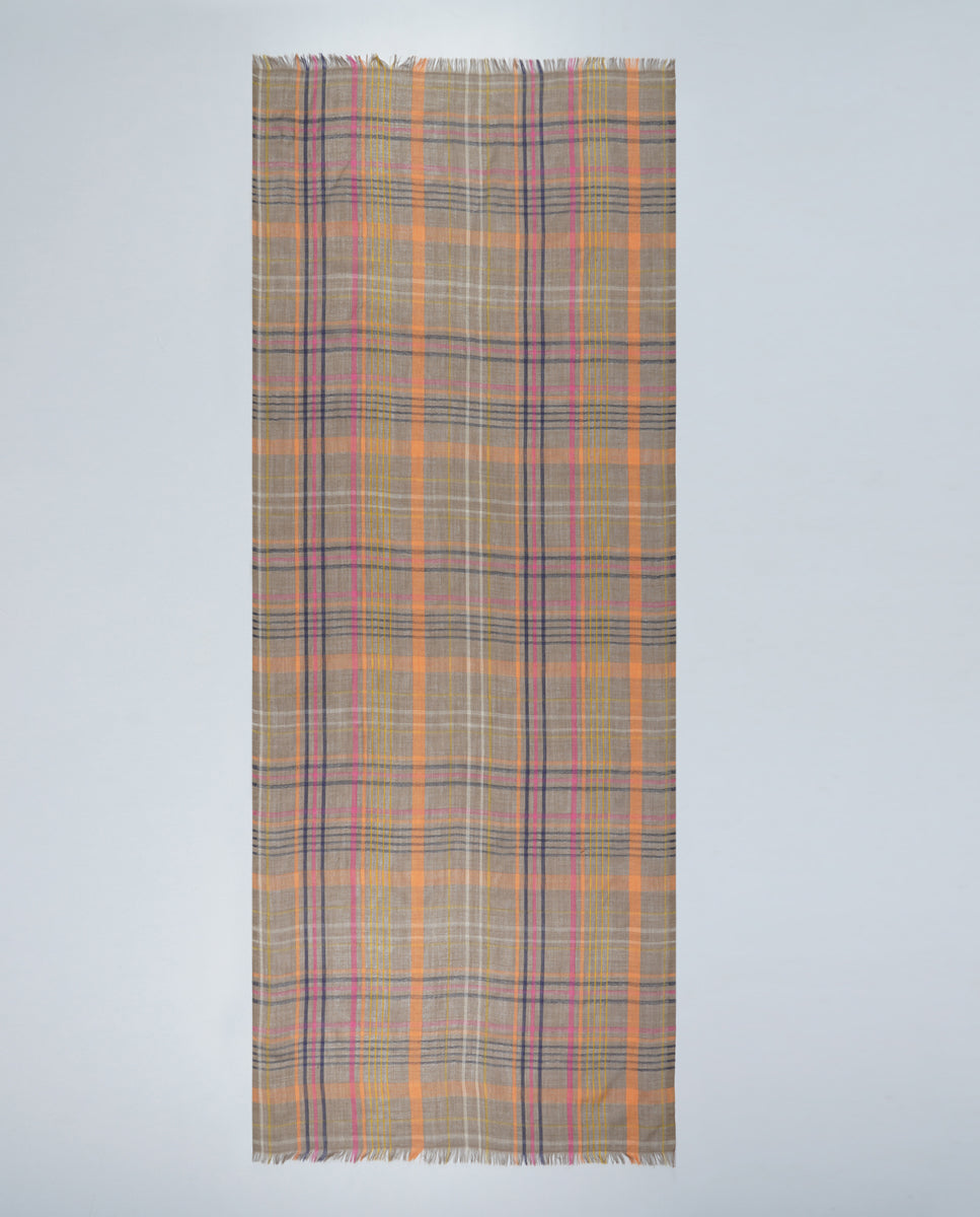 Checks and Stripes Wool Silk Wrap - Brown Orange